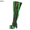 Sukeia High Quality Women Winter Thigh Boots Snake Chunky Heels Pointed Toe Pretty Green Club Shoes Ladies US Size 5-15
