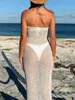 Kvinnors badkläder se genom stropplös strandklänning bikini cover-ups sommar sexiga kvinnor ärmlös ihålig ut rör topp wrap bodycon long y230311