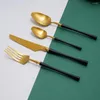 Dinnerware Sets Black Gold Cutlery Set Stainless Steel 4 Kitchen Utensils Forks Knives Spoons Matte Travel Drop