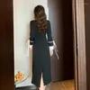 Casual Dresses Women's Vintage Dress Autumn Stand Collar Button Chic Black BodyCon Long Sleeve Patchwork Elegant Party Midi G265