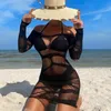 Kadın Mayo Seksi Plaj Elbise Sheer File Bikini Örtüsü Uzun Kollu Mayo Kıyafet Mayo Kadınları Bakın Fishnet DS001 Y230311