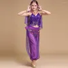 Stage Wear Belly Dance Suit Top Pants sluier Hoofddeksel Vrouwen Sexy Tassel -pailletten Costuums Outfit Carnival Performance