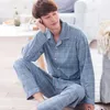 Pijama de algodão listrado casual para roupas de dormir para homens para homens de manga curta de calça longa de calça de sono pijama lounge masculino vestir roupas 230311