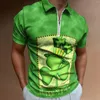 Мужские рубашки Mens Stat Patricks Day Fashion Casual 3D Digital Print Lape Lape Zipper Рубашка с коротким рукавом ежедневно