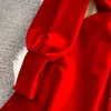Robes décontractées Robes de Mujer élégant col carré couleur unie bouffée à manches longues robe femme simple boutonnage velours robes minces 2023