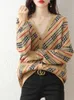 Maglieria da donna T-shirt Primavera e autunno Moda Versione coreana del maglione Cardigan lavorato a maglia Puro cotone Casual Usura esterna Strisce contro 230311
