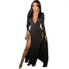 Abiti casual Zoctuo Abiti da donna Abbigliamento Robe Fashion Chic Street Clubwear Abito a spacco con orlo con scollo a V cucito a maniche lunghe