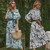 Casual Dresses Chic Women's Skirt Beach Super Long Women's Retro Printed Bohemian Lotus Leaf Sleeve Dress A-line Elegant Belt Vacation Xl G230311