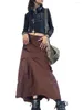 Rokken dames vintage lading midden taille flap zak vaste kleur asymmetrische straat lang zwart/bruin