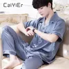 Herren-Nachtwäsche CAIYIER Sommer-Männer-Pyjama-Set, kurzärmelig, blau, männliche Nachtwäsche, weich, lässig, modisch, Herren-Seiden-Nachtwäsche, lange Hosen, Loungewear 230311