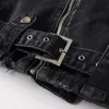 Suelas negras Punk Slim Men's 2pcs Jeans Jeans Juegos Slant Zipper Dephip Jacket and Risk Patch Pantal