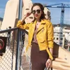 Femmes en cuir ZCWXM PU veste à glissière courte jaune moto vestes rose avec ceinture classique basique printemps femmes Faux vêtements d'extérieur