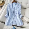 Kvinnors kostymer blazers V-hals Blue Women Blazer Elegant spetsar Hollow Out Thin Summer Blazers Lady Office Suit Jackets Coat Slim Tops 230311