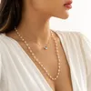 Pendant Necklaces Vintage Metal Long Collar Chain Necklace For Women Imitation Pearl Bead String Blue Eye Jewelry QI