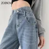 Damesjeans Zoenova Baggy Straight Jeans Y2k Office Lady Dames losse broek Fashion Light Blue Cross High Tailed Design Retro broek 230311