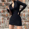 Casual Kleider Mode Vintage Mini Frauen Y2K Sexy Punk Langarm V-ausschnitt Wrap Hüfte Bodycon Gestrickte Zip Kleid Weibliche Vestido