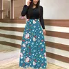 Vestidos casuais boneco de neve Papai Noel Papai Noel Print Vintage Dress Women Women Winter O pescoço de manga longa Festa elegante senhoras