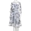 Casual Dresses Women's Summer Floral Print Three Quarter Sleeve Organza Midi Dress Fashion Party Female Clothing