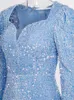Robes de soirée romantique bleu ciel à manches longues sirène robe de mariée brillant paillettes extensible velours fente jambe soirée Maxi bal 230310
