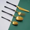 Dinnerware Sets Black Gold Cutlery Set Stainless Steel 4 Kitchen Utensils Forks Knives Spoons Matte Travel Drop