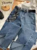 Kvinnors jeans yitimoky streetwear elastic denim split glitter jeans kvinnors höga midja retro blå jeans kvinnors grå klockbotten jeans kvinnors y2k 230404