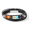 Strand Women Men Natural Stone 7 Chakra's kralen Meerlagige zwarte koeienhuidleer Leer Bracelet Yoga Haling Roestvrijstalen gesp bangle