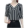 Chemisiers pour femmes Haut élégant Femmes Fashoin Stripe Print Buttons Chemises Casual Loisirs Pull à manches trois-quarts Pull à col en V Tunique Blusas