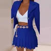 Women's Two Piece Pants Women Pleated Mini Skirts Suit and One Button Long Sleeve Blazer Tops Streetwear Chic Matching Two 2 Piece Set Outfits