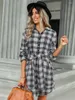 Casual Dresses Capucines Fashion Plaid Lace Up Waist Shirt Dress Long Sleeve Single Breasted Short For Women 2023