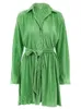 Casual Dresses Green Fashion Shirt Dress Women Loose Belted Long Sleeve Dress Summer Lapel Lace Up Pleated Dress Casual Elegant Solid Vestidos G230311