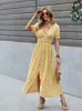 Casual Dresses Summer Boho Long Dress Women V Neck Floral Print Maxi Dress Casual Lantern Sleeve Split Dress Female Holiday Beach Sundress G230311