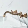 バスルームシンク蛇口Quyanre Retro Antique Brass Basin Faucet Wall MountedDual Handles Cold Water Mixerタップ