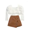 Clothing Sets Fashion Autumn Kids Girls Outfits Suit Solid Cotton Long Sleeve Fluffy Hair Knitted Tops Leather Short Skirt With Belt Set