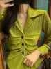 Women's Blouses 2023 Women Fashion Pleats Design Green Satin Smock Blouse Lady Casual Slim Buttons Kimono Shirts Chic Blusas Tops