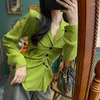 Women's Blouses 2023 Women Fashion Pleats Design Green Satin Smock Blouse Lady Casual Slim Buttons Kimono Shirts Chic Blusas Tops