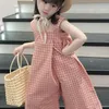 Mamelucos de verano para niñas, mono coreano con tirantes a cuadros, pantalones de pierna ancha a la moda, ropa para bebés y niños, ropa para niños 230311