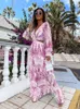 Casual Dresses Elegant Sexy V Neck Hollow Out Long Dress For Women 2022 Autumn Casual Long Sleeve Print Bohemian Beach Vacation Midi Dresses G230311