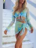 Women's Swimwear Summer Mesh Long Sleeve Crop Top Mini Skirts Two Piece Holiday Matching Set Print Fashion Outfits See Through Y2K Cover Up Y230311