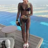 Women's Swimwear Women Bikini Cover-Up See Through Mesh Sheer Long Beach Dress Pearl Beads Sleeve Round Neck Wrap Bodycon Dresses Y230311