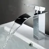 Bathroom Sink Faucets Waterfall Basin Faucet Bathroom Deck Mounted Black Sink Tap Cold and Water Mixer Tap Brass Chrome Vanity Vessel Sink Faucets 230311