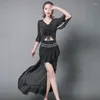 Stage Wear Women Belly Dance Training Suit Clothes Female Adult Performance Costumes Top Skirt Set Perspective Sequins Dress