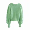 Women's Knits Tee Fashion With Gem Buttons Pompom Detail Knit Cardigan Sweater Vintage Long Sleeve Female Outerwear Chic Tops 230311