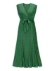 Повседневные платья модные элегантные женщины платье без рукавов v Nece Long Summer Dress Sexy Pleat Plate Платье Женское шифоновое зеленое платье с поясом G230311