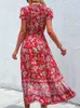 Casual Dresses Boho Floral Printed Long Dress Women Summer Short Sleeve V Neck Slitklänningar Beach Sundress Vintage Elegant Casual Dress Vestido G230311