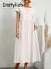 Casual klänningar kvinnor elegant solid maxi klänning sommar kort ärm o hals vintage harajuku bomullslinne lösa sundress y2k fickor lång klänning g230311