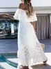 Robes décontractées Blanc Boho Robe Femmes Été Hors Épaule Creux Jacquard Dentelle Chic Maxi Robes Dames Fête Plage Robe De Soirée Robes G230311