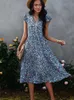 Casual Dresses Summer Fashion Floral Midi Dress Women Print V Neck Dress Sleeveless Boho Beach A-line Dress Casual Street Vintage Woman Dress G230311