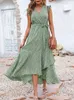 Casual Dresses Summer Boho V Neck Midi Dress Women Floral Print Long Dress Ruffle Sleeve Casual Lace Up Dress Female Loose Beach Sundress G230311