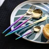 Rainbow Handle Knife Fork Spoon Chopsticks Rostfritt stål Guldsilver Silver Caffee Teskoon dessert Fork Köksbeteckna TH0867