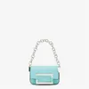 Blue Baguette Flap Crossbody Purse Cowhide Genuine Leather Plain Silver Hardware Buckle Handbag Mini Chain